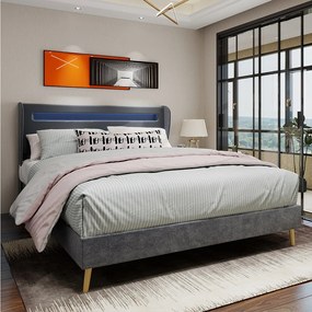 Łóżko małżeńskie 160x200 cm z oświetleniem LED i tapicerowanym zagłówkiem - szary aksamit (bez materaca)