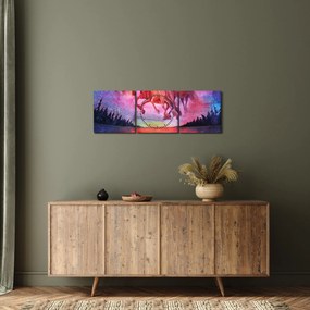 Obraz - Pojawienie się kosmicznych koni nad jeziorem, akwarela (z zegarem) (90x30 cm)