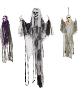 HOMCOM Wiszące Duchy-Szkielety, Zestaw 3 szt., Dekoracja na Halloween, Regulowane Ramiona, 150cm
