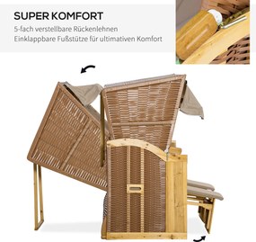 Outsunny Leżak plażowy dla 3 osób z daszkiem, 2 składanymi stolikami, podnóżkiem, chaise longue, 5-stopniowym oparciem, XXL, Polyrattan, naturalny, 150 x 79 x 160 cm