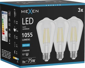 Mexen Vintis 3x żarówka filament LED E27, ST64, 8W, Zimna - 6500K, 1055 lm, clear - L152-E27-0865-00x03