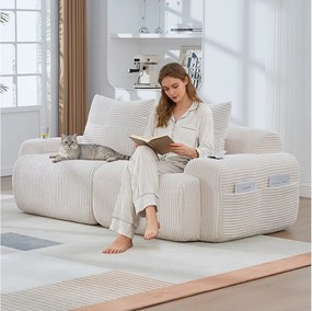 Nowoczesna sofa 2-osobowa - 200 x 99 x 80 cm - z uchwytem na kubek + kieszonką - aksamitna - beżowa