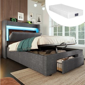 Łóżko tapicerowane hydrauliczne ze schowkiem - 90 x 200 cm - ze schowkiem na pościel w zagłówku + diody LED + USB + szuflada - pościel - szare (z materacem)