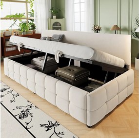 Sofa tapicerowana z funkcją spania - 90 x 200 cm - z hydraulicznym schowkiem + oparcie bez podłokietników - welur - beż