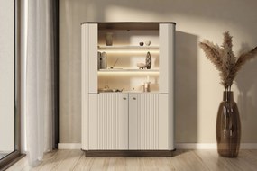 Witryna Vesper do salonu na cokole - kaszmir / orzech / złote uchwyty