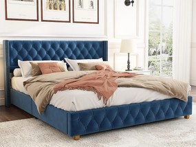 Łóżko z tapicerowanym wezgłowiem - 160 x 200 cm - aksamit - stelaż listwowy - kolor niebieski