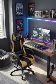Czarno-złoty fotel gamingowy z podnóżkiem A2-T72