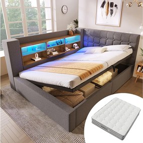 Sofa tapicerowana z funkcją spania - 140 x 200 cm - z oświetleniem LED + schowek hydrauliczny + zagłówek w kształcie - len - szary (z materacem)
