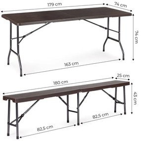 Zestaw bankietowy imitacja drewna - stół cateringowy 180 cm i 2 ławki Party, brązowy
