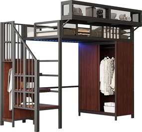 Łóżko piętrowe metalowe dla dzieci - 90 x 200 cm - z szafą + drabinką + oświetleniem LED + wyjmowanymi półkami - metal + drewno - czarne