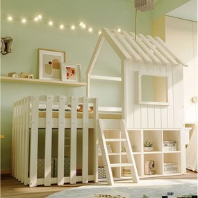 Łóżko dziecięce kabinowe - 90 x 200 - z dachem + okno + schowek + drabinka - Sosna + sklejka + MDF - białe
