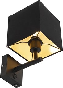 Lampa ścienna czarna z USB i kwadratowym czarnym kloszem - Combi 1