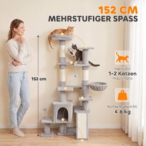 PawHut Duży drapak, 152 cm wysokości, drzewko dla kota ze słupkami do drapania, jaskinia z 2 wejściami, 3 piłeczki, hamak, do 6 kg, jasnoszary | Aosom PL