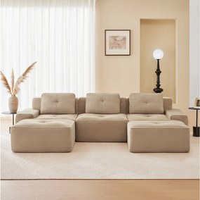 Modułowa Sofa Narożna w kształcie U w Welurze żebrowanym, z 2 pufami i 3 poduszkami, 293x177x69cm, Beżowy
