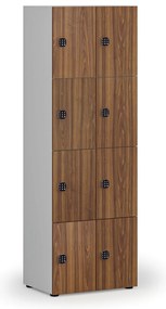 Drewniana szafka skrytkowa S4, 8 schowków, demontaż, zamek kodowy, szary/orzech