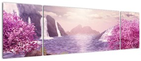 Obraz różowych drzew z jeziorem (170x50 cm)