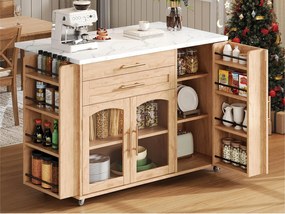 Mobilna centralna wyspa kuchenna - stół rozkładany - z miejscem do przechowywania i półką na przyprawy - z kółkami - Naturalny