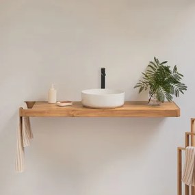 Zestaw Mebli Łazienkowych 130x45 Cm Wiszący Z Drewna Tekowego Neill Drewno Tekowe & Okrągły Ceramiczny Biały Ø40 Cm Lenka & Bezlusterkowiec & Czarny M
