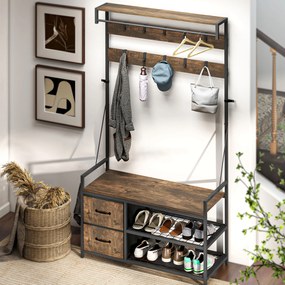 HOMCOM Stojak na ubrania 6 w 1 z ławką i regałem na buty, styl przemysłowy, 10 haków, 2 szuflady z tkaniny, metal, Brązowy