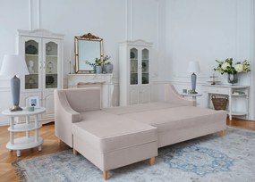 Narożnik rozkładany do salonu Notting Hill, z pojemnikami na pościel. Tkanina Matt Velvet odporna na wchłanianie płynów, kolor beżowy, błękitny, z kedrą.