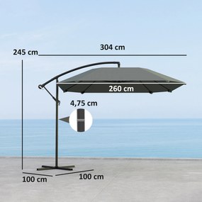 Outsunny Parasol Cantilever Alu Ø 260 cm, Wodoodporny z Podstawą, Korbką, Ciemnoszary