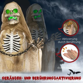 HOMCOM Dekoracja Halloween, Wiszący Szkielet, Świecąca Głowa, Przerażające Wycie, Giętkie Ramiona, Khaki