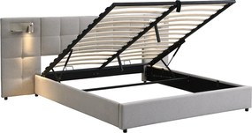 Łóżko ze schowkiem 180 x 200 cm i dużym zagłówkiem - Port USB i ładowanie bezprzewodowe oraz lampa świetlna - Tkanina lniana - Szary (bez materaca)