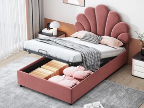 Łóżko z tapicerowanym welurowym zagłówkiem - 90x200cm - zagłówek w kształcie kwiatu - z stelażem na listwy - Różowe