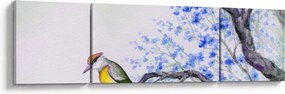 Obraz - ptak na drzewie z niebieskimi kwiatami (170x50 cm)