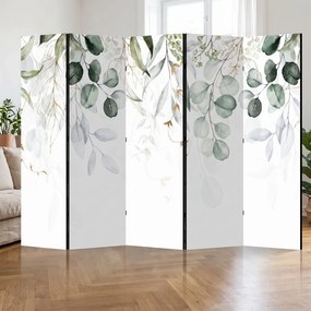 Parawan pokojowy 5-częściowy 225x172 Dwustronny dekoracyjny botaniczny elegancki Biały Złoty Eukaliptus