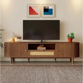 Nowoczesna szafka RTV - 175 x 36 x 51 cm - z szufladami z rattanu + otwarta półka + 2 drzwi - nogi metalowe - MDF - brązowa