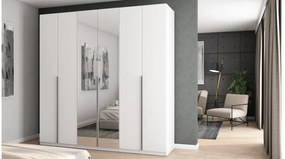 Szafa 6 drzwiowa z lustrem otwierana 240 x 240 cm – biała ze srebrnymi uchwytami