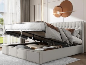 Łóżko z pojemnikiem 180 x 200 cm i zagłówkiem - materiał - stelaż z listew - szaro-białe