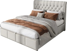 Łóżko z pojemnikiem i zagłówkiem - 160 x 200 cm - bawełna i len - stelaż z listew - styl nowoczesny - szaro-biały