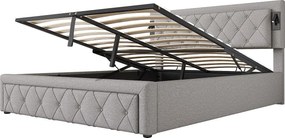 Łóżko 160x200 cm z pojemnikiem - Łóżko podwójne z lampką do czytania i ładowaniem USB - drewniany stelaż z listew - Szary len