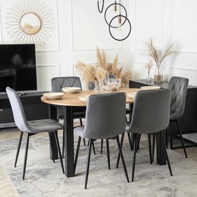 Zestaw Stół Okrągły Rozkładany HARRY 102-142 cm Dąb Craft/Czarny i 6 Krzeseł Tapicerowanych ROBIN Szarych Nowoczesnych