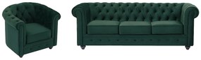 Kanapa 3 osobowa i fotel z zielonego weluru - CHESTERFIELD