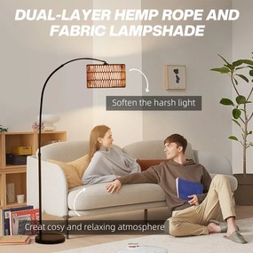 HOMCOM Lampa stojąca z abażurem z liny konopnej, regulowana wysokość, wyłącznik nożny, metal, czarna