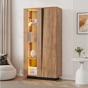 Nowoczesna witryna do salonu - 80 x 35 x 160 cm - 8 półek + 2 drzwi akrylowe + diody LED - płyta wiórowa - kolor naturalny