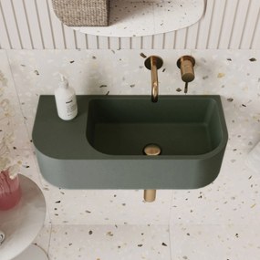 Umywalka betonowa wisząca / nablatowa półokrągła z półką bez otworu na baterię 65 x 30 cm LARMO | różne kolory : Kolor - Oliwkowy, Typ montażu - podwieszana