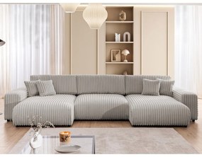 Jasnoszary sztruksowy rozkładany narożnik ze schowkiem (w kształcie litery U) Sarina – Ropez