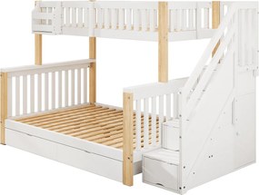 Łóżko piętrowe dla dzieci 90x200+140x200cm - Łóżko podwójne - z 2 szufladami - z szafą schodową - Białe + naturalne (materac nie wliczony)