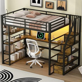 Łóżko piętrowe metalowe 140×200 cm - z oświetleniem LED - ze schodami - z biurkiem - ładowanie USB - czarne