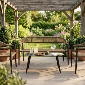 Zestaw mebli ogrodowych pleciony beżowy rama szara ławka, 2 krzesła, stolik