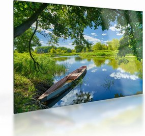 Obraz na szkle letniej rzeki z łodzią (70x50 cm)