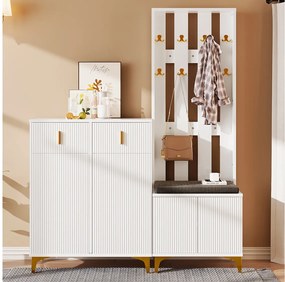Zestaw szafek na buty z ławką na buty, wieszakiem na ubrania - 60,5x35,2x180,5 cm + 83x35x101 cm - Płyta wiórowa - Biały