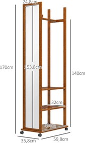 HOMCOM Lusterko 2w1 Lustrzane Lusterko do Garderoby, 1 Drążek na Ubrania, 3 Półki, 35,8 x 59,8 x 170 cm, Natur