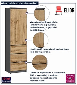 Wąski regał z szufladami dąb wotan + grafit P4-A87