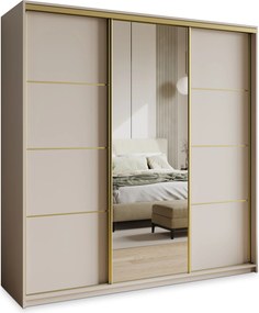 Szafa Przesuwna VARO 180 cm z Lustrem Szafa Trzydrzwiowa z Szufladami Kaszmir / Złote Profile