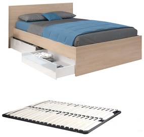 Łóżko z 2 szufladami 140 x 190 cm - Kolory: Naturalny i biały z połyskiem + stelaż - VELONA